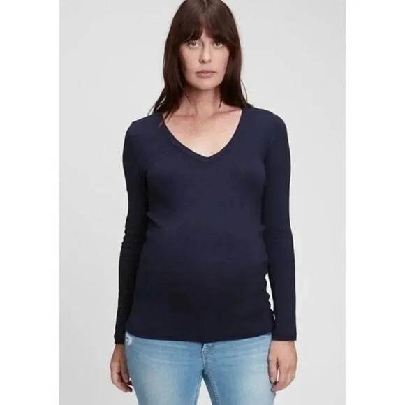 Gap Maternity Navy Blue Pure V-Neck Long Sleeve T-Shirt M - Picture 1 of 5